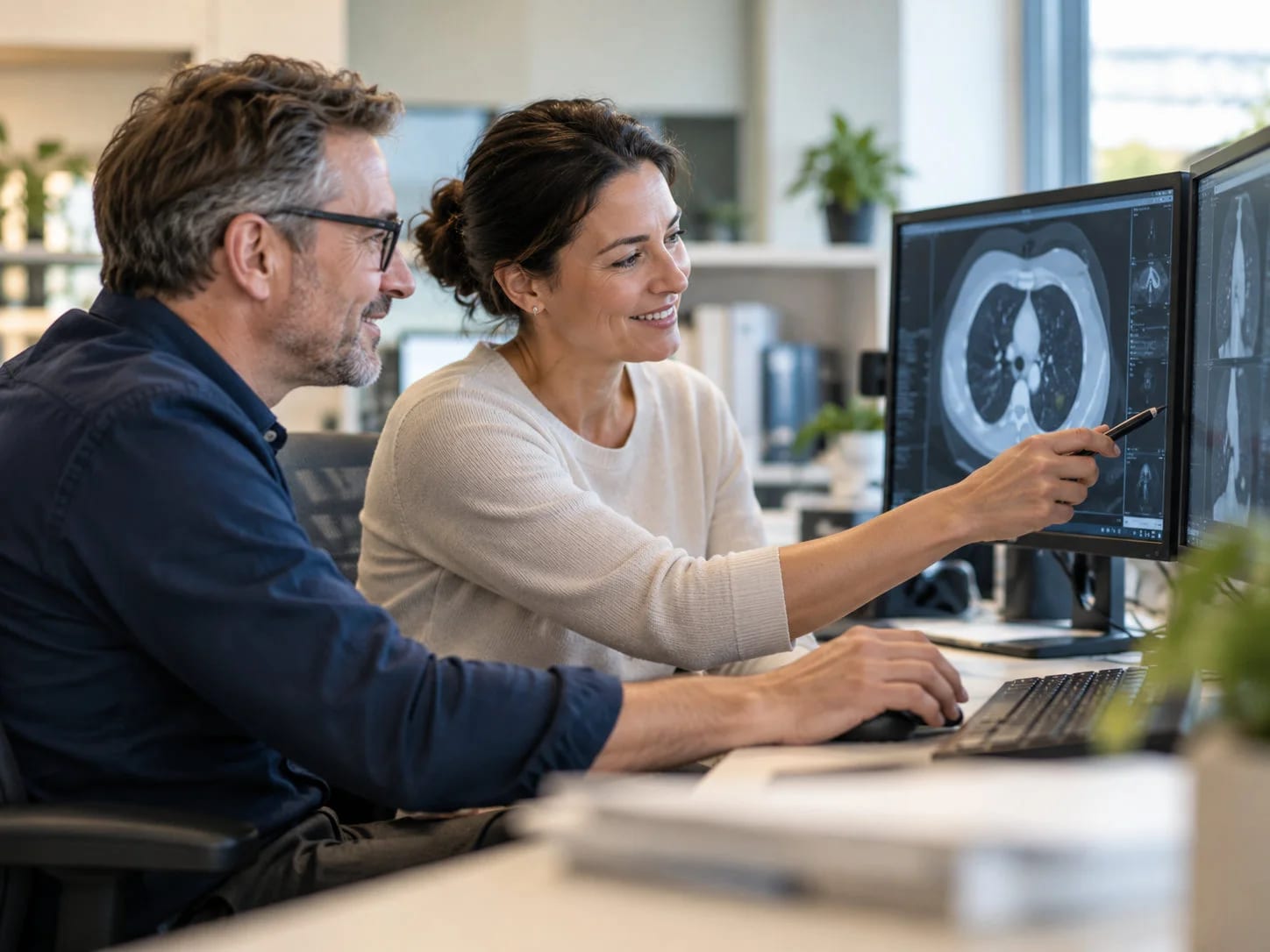Two professionals discussing chest CT images together at a workstation