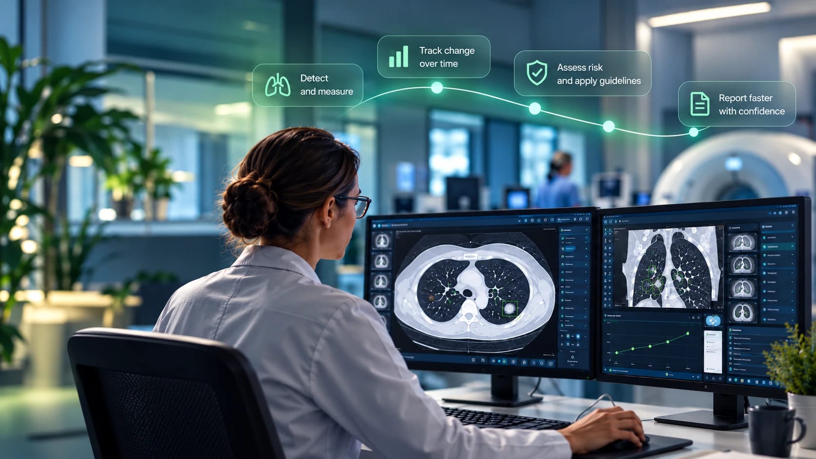 Radiologist reviewing AI-assisted chest CT with workflow benefits